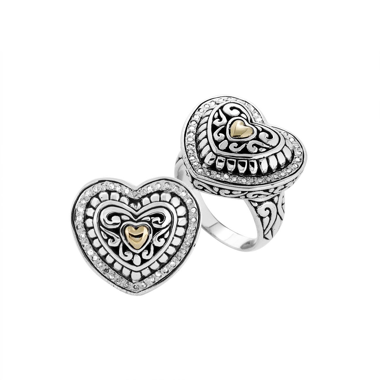 Handcrafted Sterling Silver And 18K Gold Diamond Heart Ring With Balinese Scrollwork