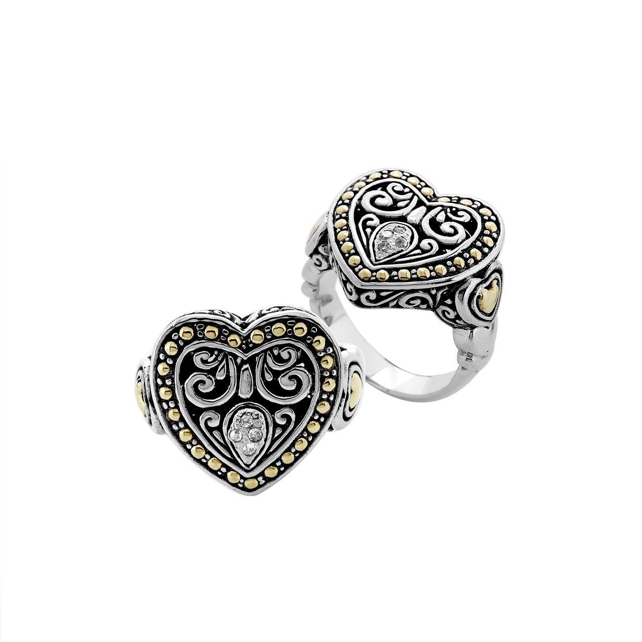 Handcrafted Sterling Silver And 18K Gold Diamond Heart Ring With Balinese Scrollwork