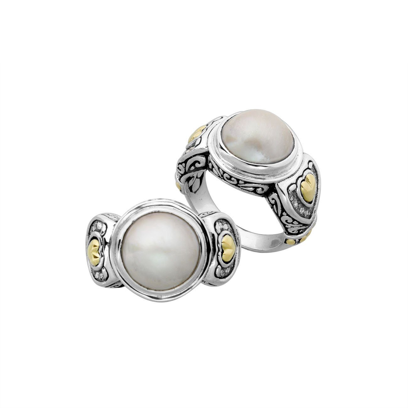 Handcrafted Sterling Silver And 18K Gold Mabe Pearl Diamond Ring With Balinese Heart Accents
