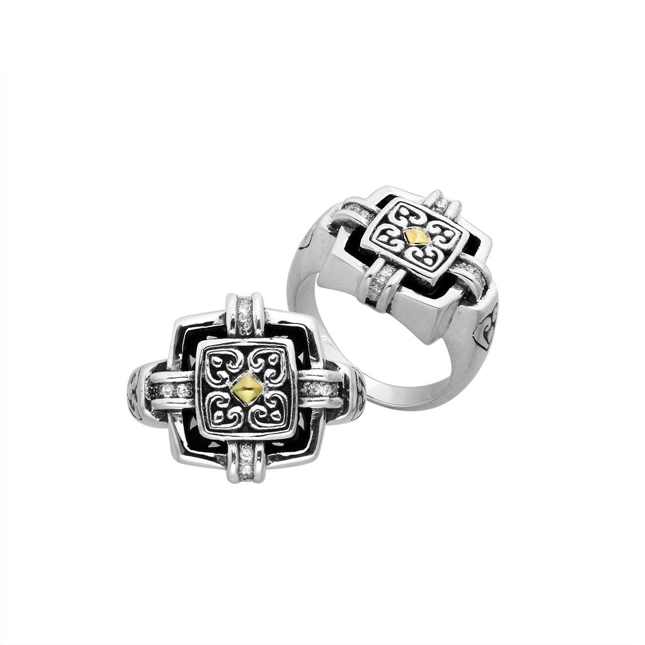 Sterling Silver And 18K Gold Diamond Artisan Square Balinese Ring