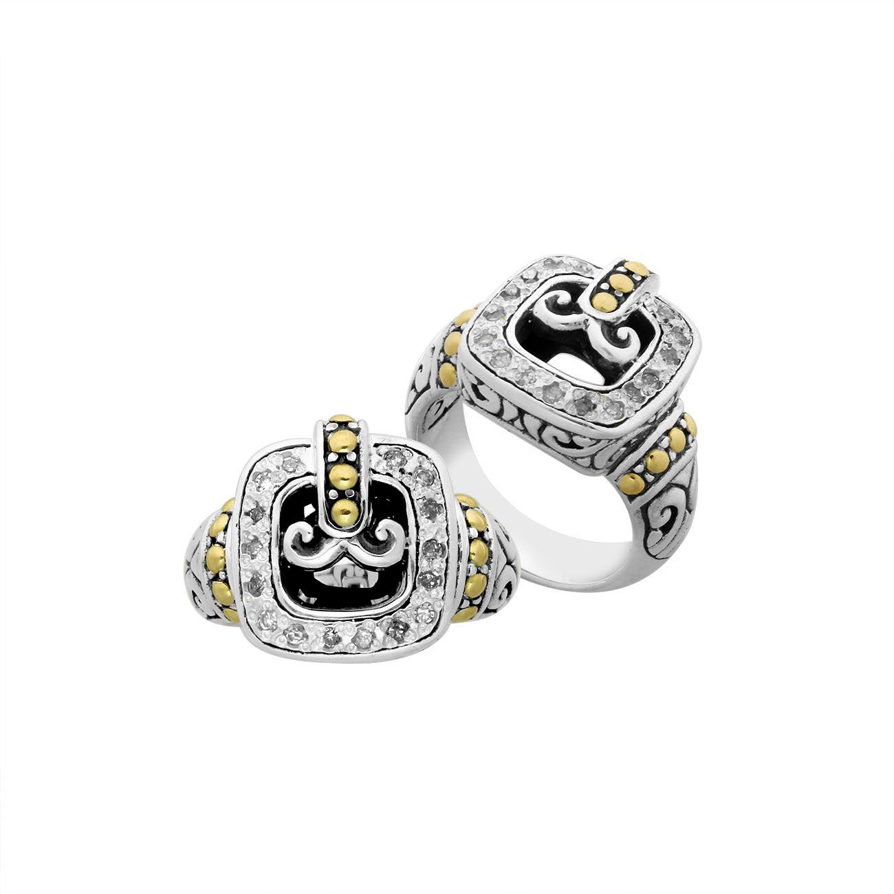 Sterling Silver Dual-Tone Diamond Buckle Ring With Gold Accents And Balinese Scrollwork.