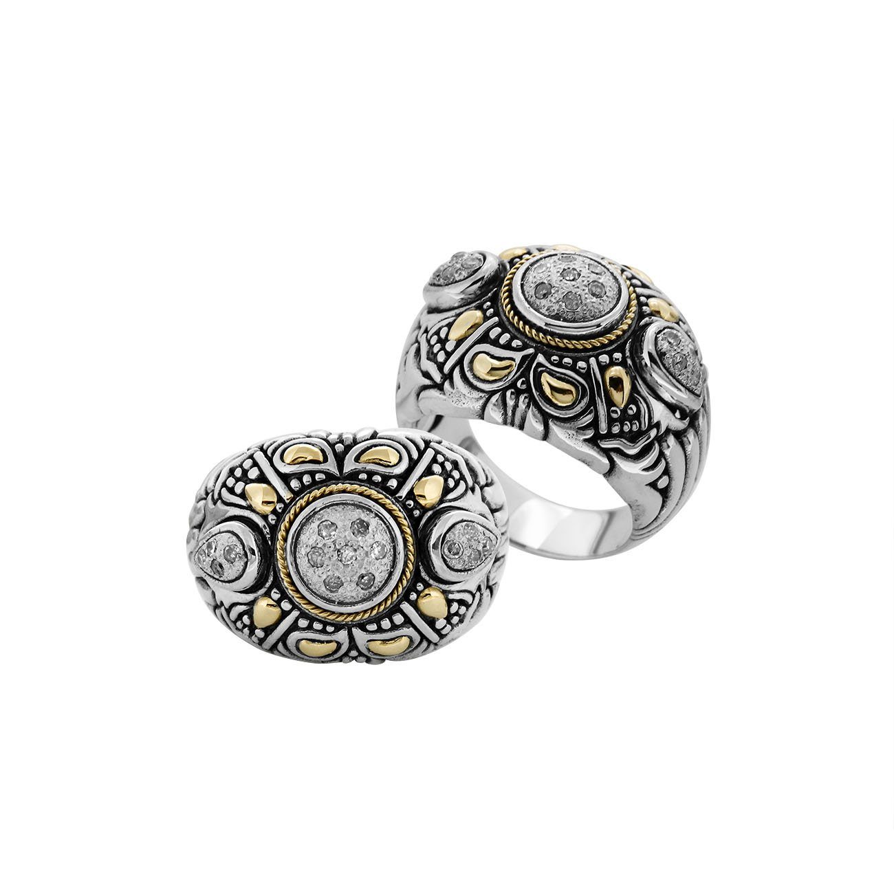 Sterling Silver Diamond Floral Mandala Ring With Gold Accents And Intricate Balinese Carvings.