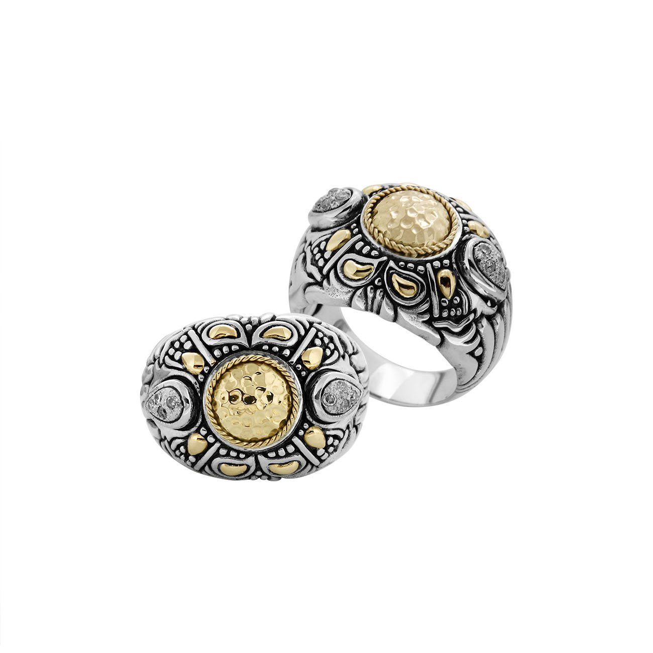 Sterling Silver Hammered Gold Center Mandala Ring With Intricate Balinese Carvings.