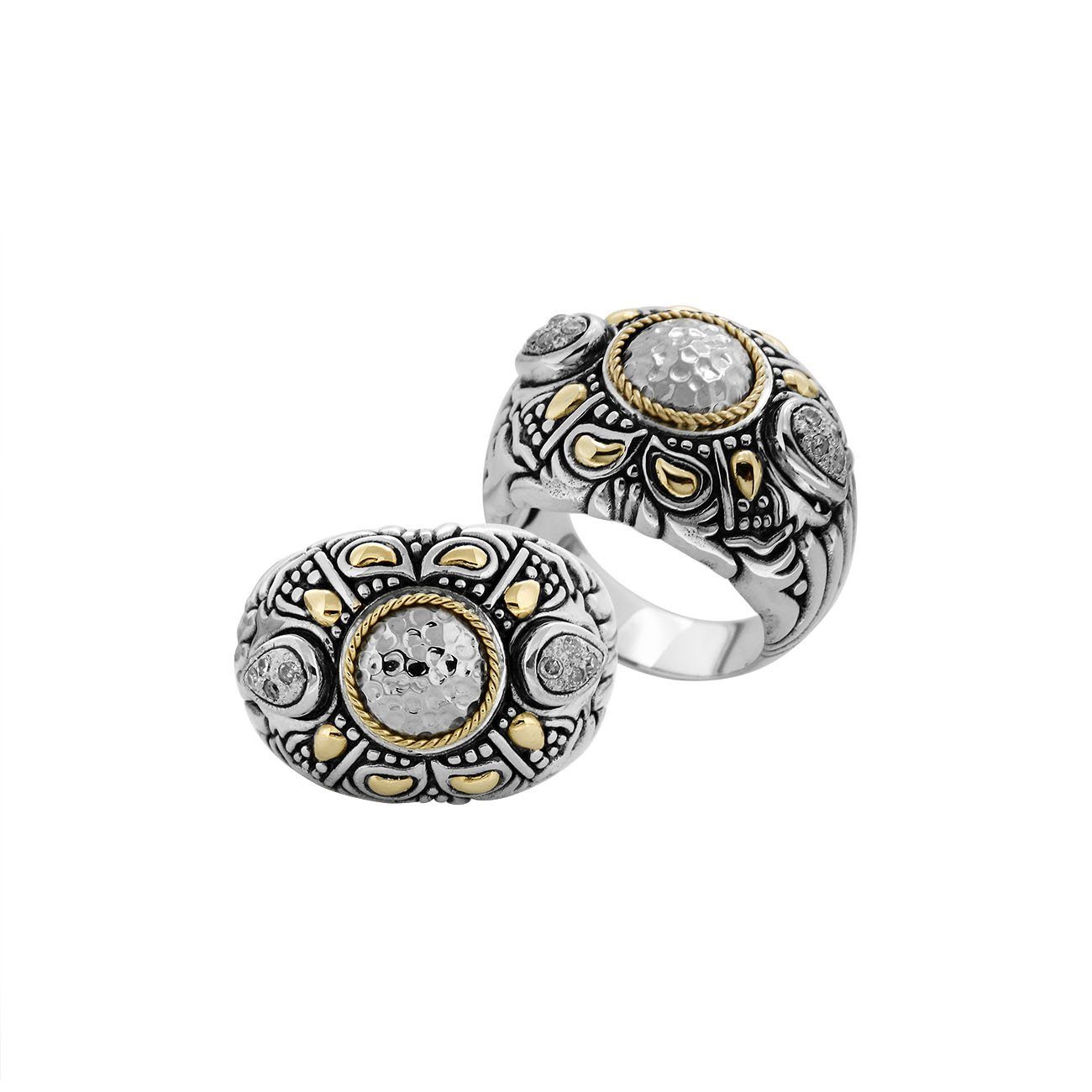 Sterling Silver Hammered Silver Center Mandala Ring With Gold Accents And Intricate Balinese Carvings.