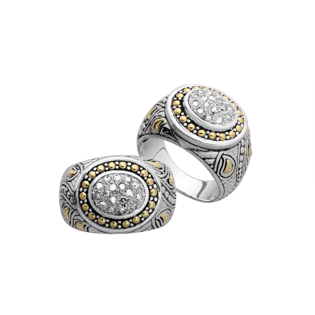 Sterling Silver Diamond Oval Cluster Ring With 18K Gold Accents And Intricate Balinese Carvings.