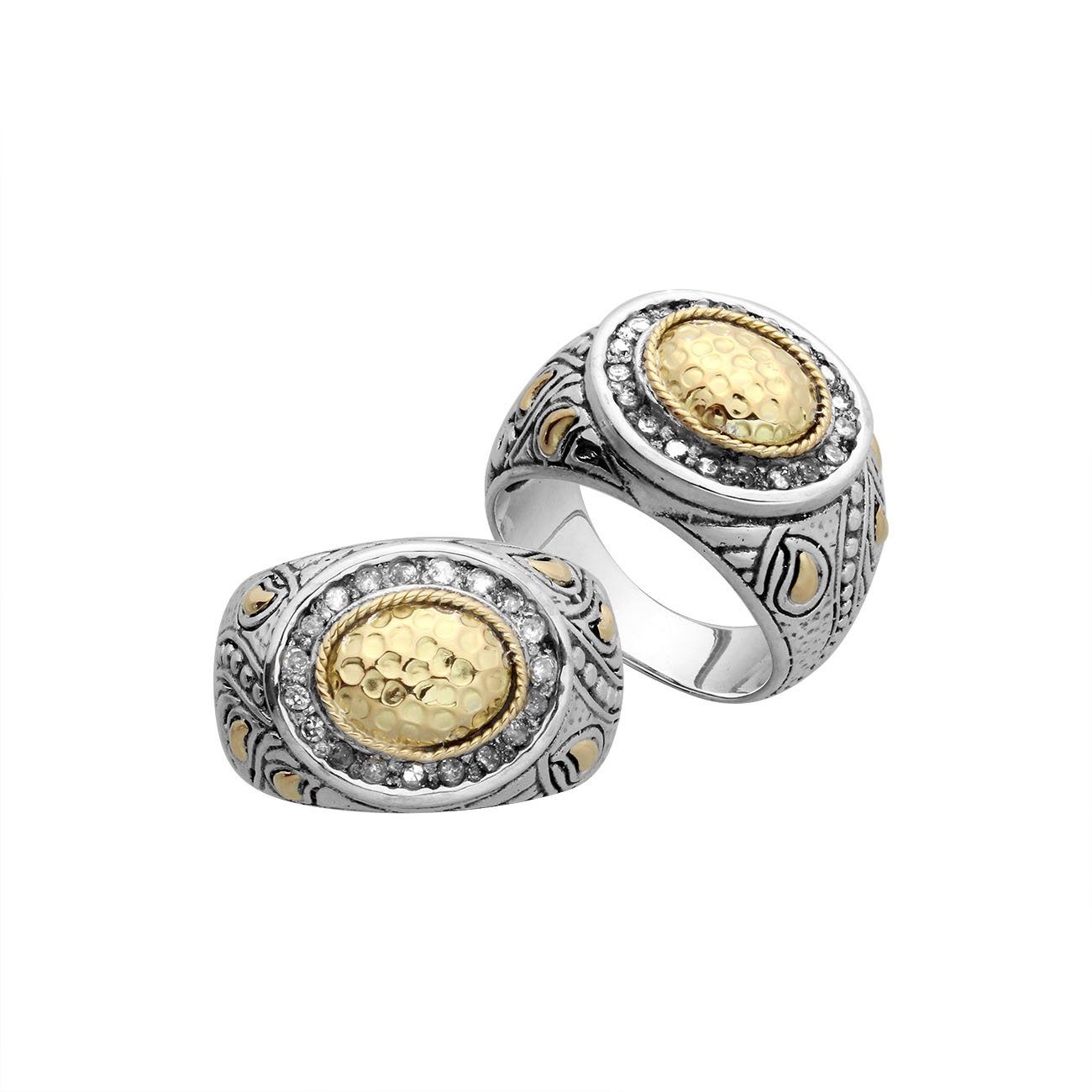 Sterling Silver With 18K Gold Hammered Oval Center Ring With Intricate Balinese Carvings.