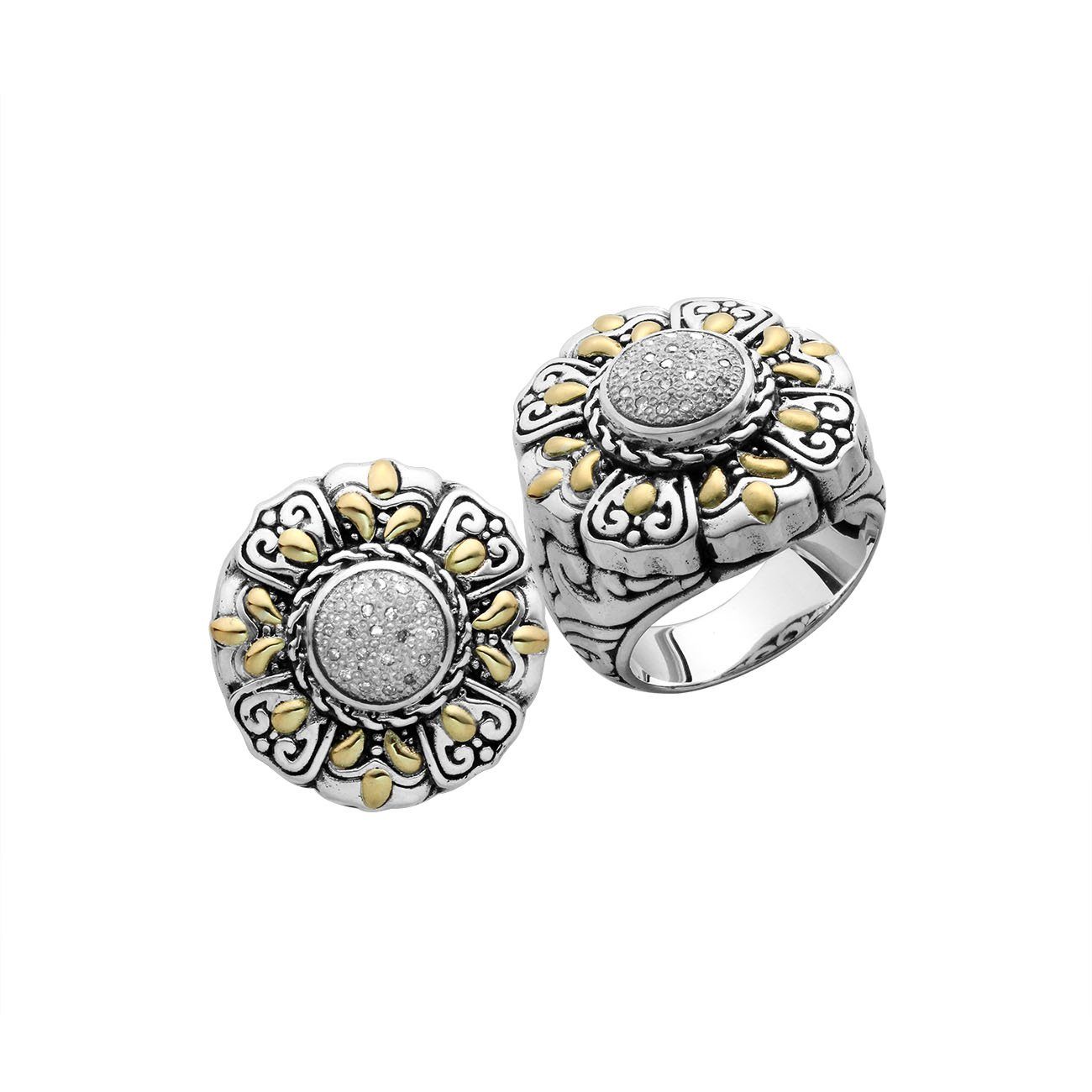 Sterling Silver With 18K Gold Diamond Floral Mandala Ring With Intricate Balinese Carvings.