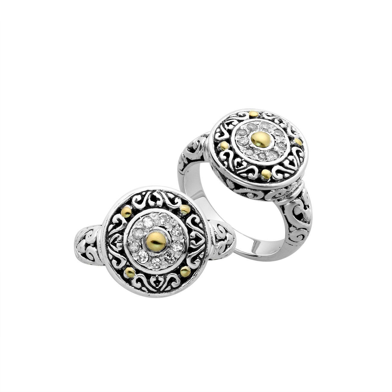 Sterling Silver With 18K Gold Diamond Mandala Bloom Ring With Intricate Balinese Carvings.