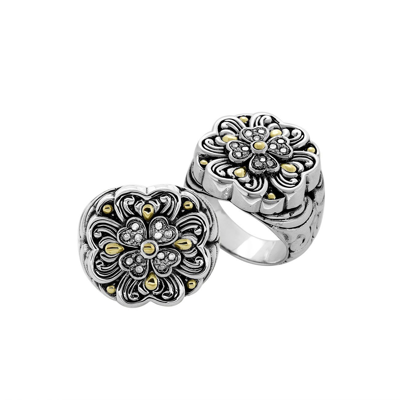 Sterling Silver With 18K Gold Diamond Floral Petal Cluster Ring With Intricate Balinese Carvings.