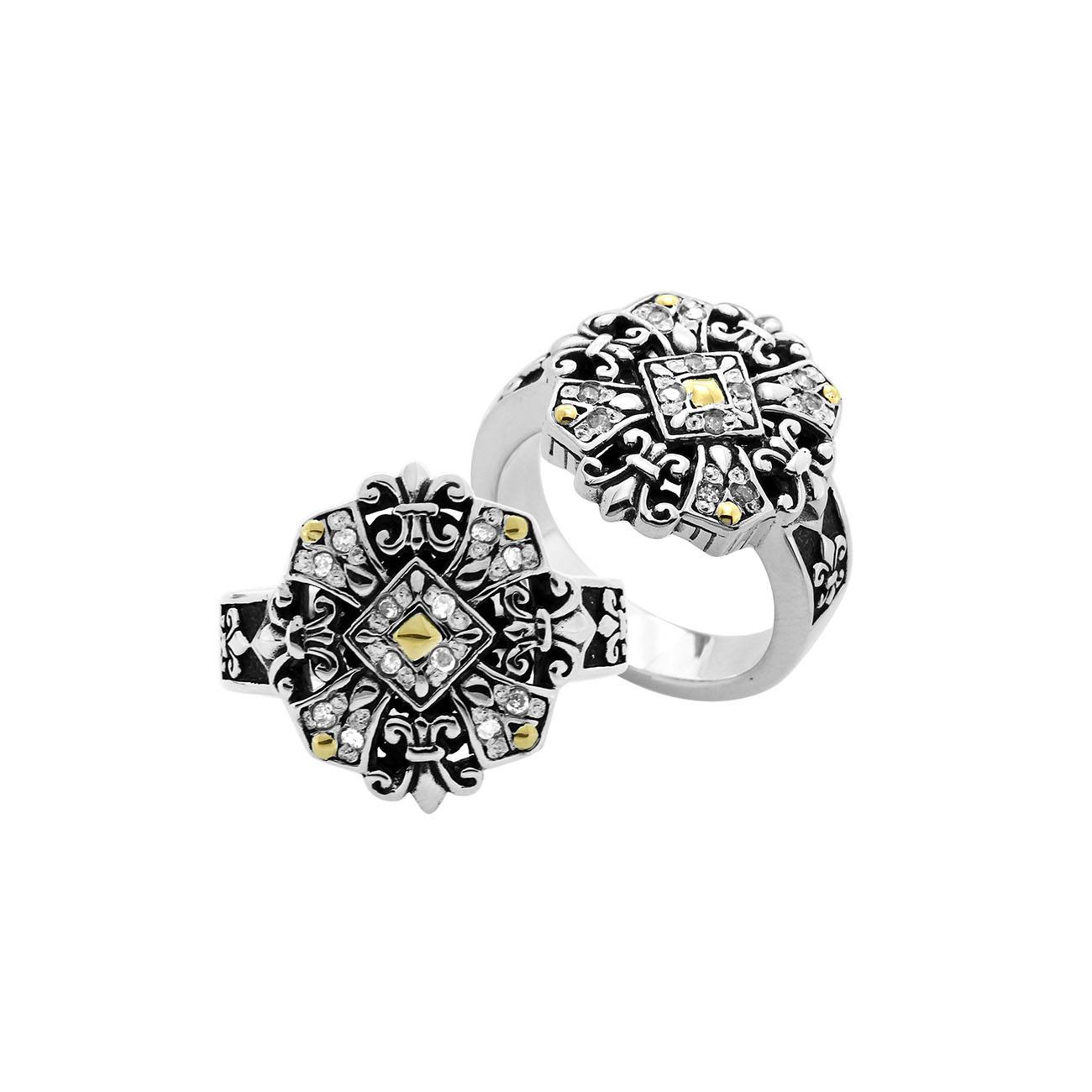 Sterling Silver With 18K Gold Diamond Geometric Mandala Star Ring With Intricate Balinese Carvings.