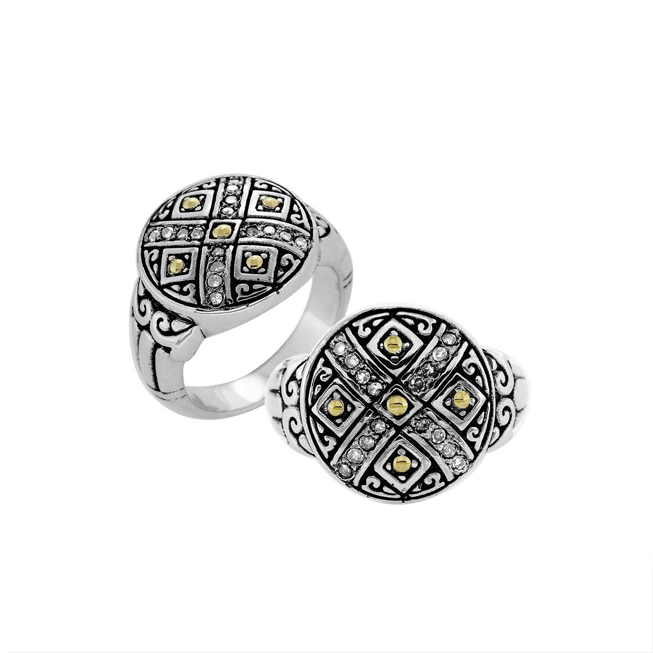 Sterling Silver With 18K Gold Diamond Cross Mandala Ring With Intricate Balinese Carvings.