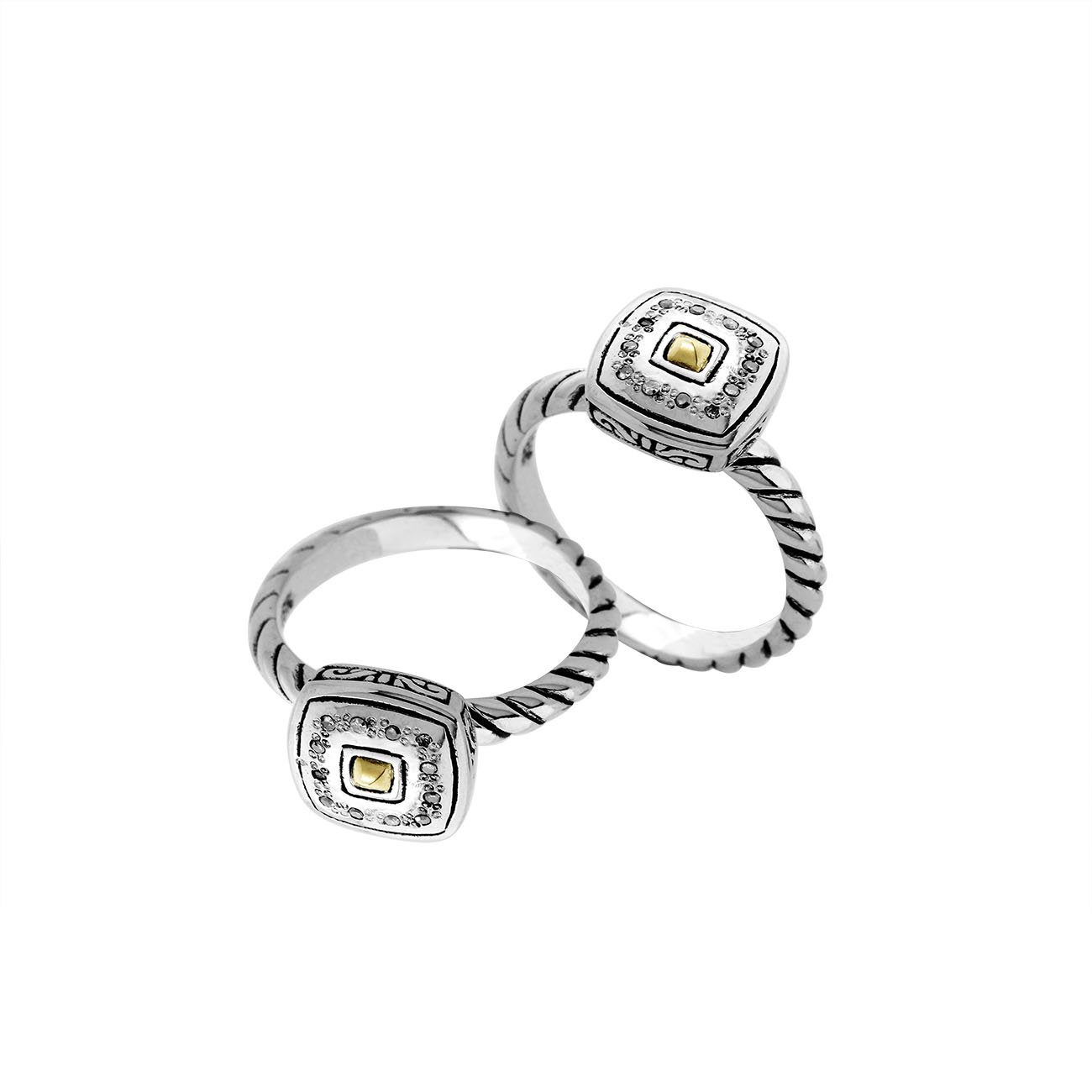 Sterling Silver With 18K Gold Diamond Square Minimal Mandala Ring With Twisted Balinese Band.