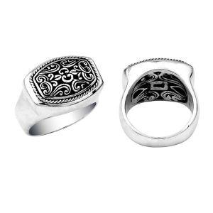 Silver Overlay Over Copper Rectangular Carved Balinese Signet Ring With Swirl Engravings.