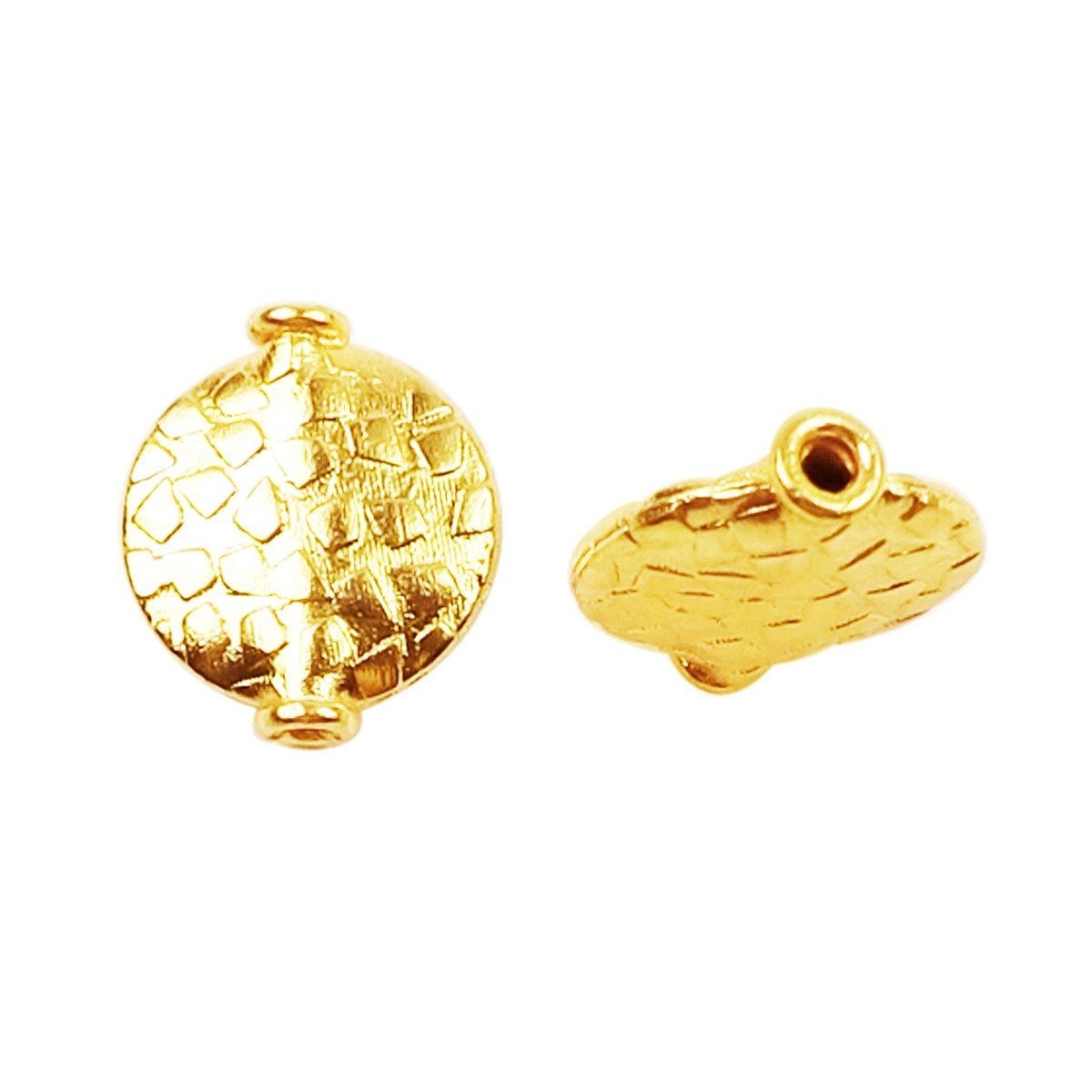 Handcrafted 18K gold overlay flat disc copper bead with hammered texture from India for jewelry making.