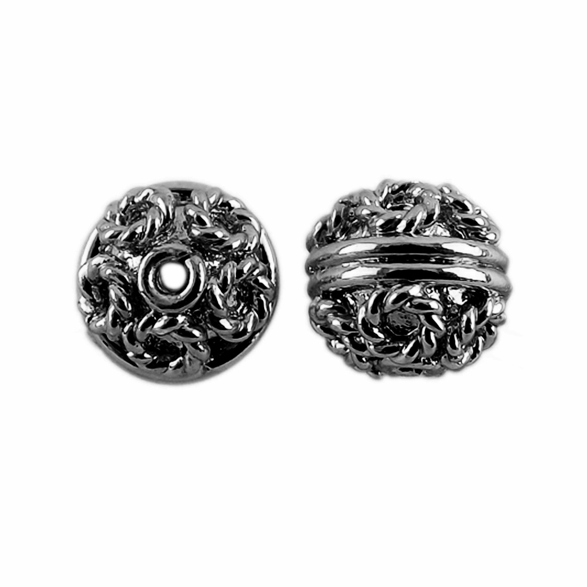 Black rhodium rope-style round bead handcrafted in India with detailed texture for jewelry making.