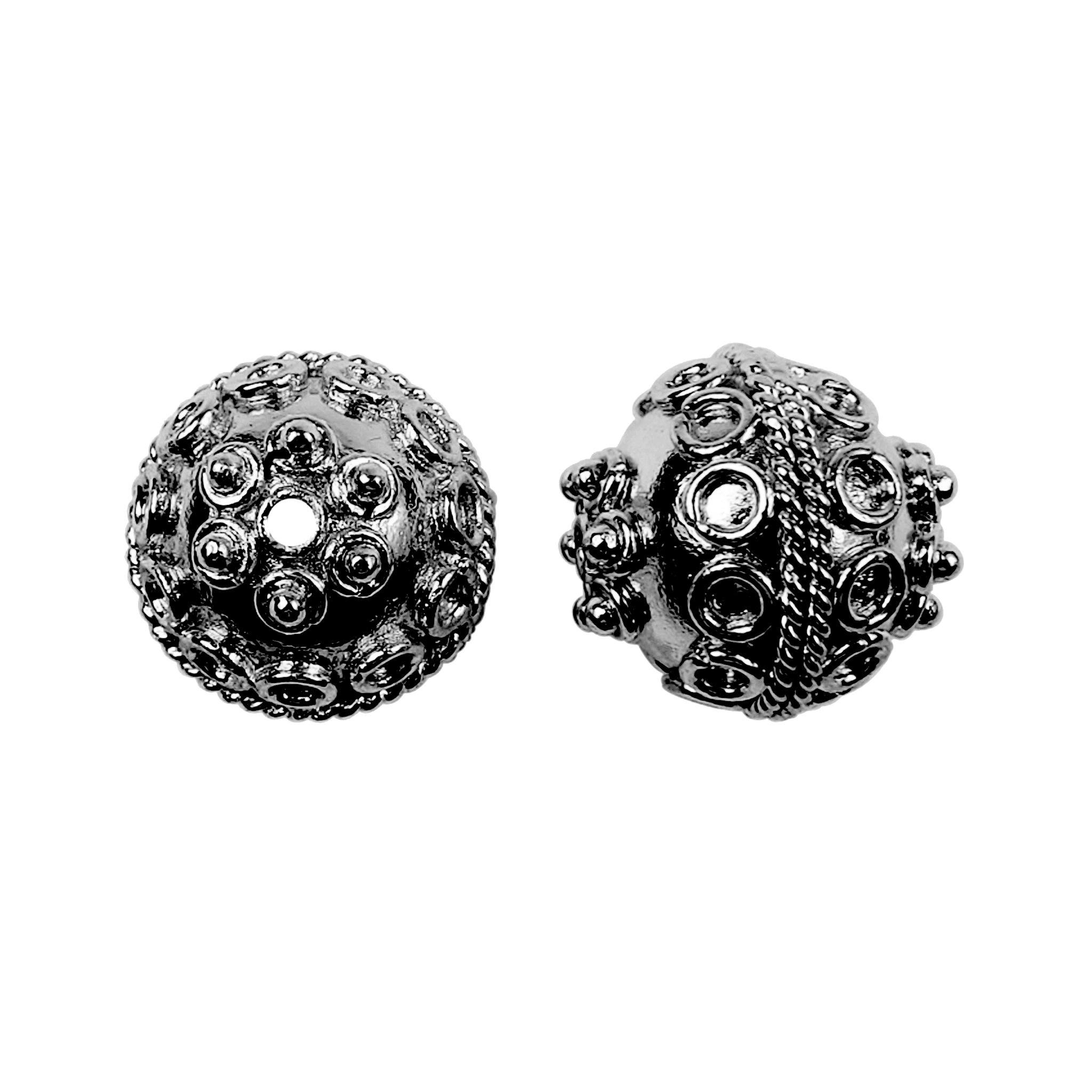 Black Rhodium handcrafted round bead from India featuring textured artisan design for jewelry making