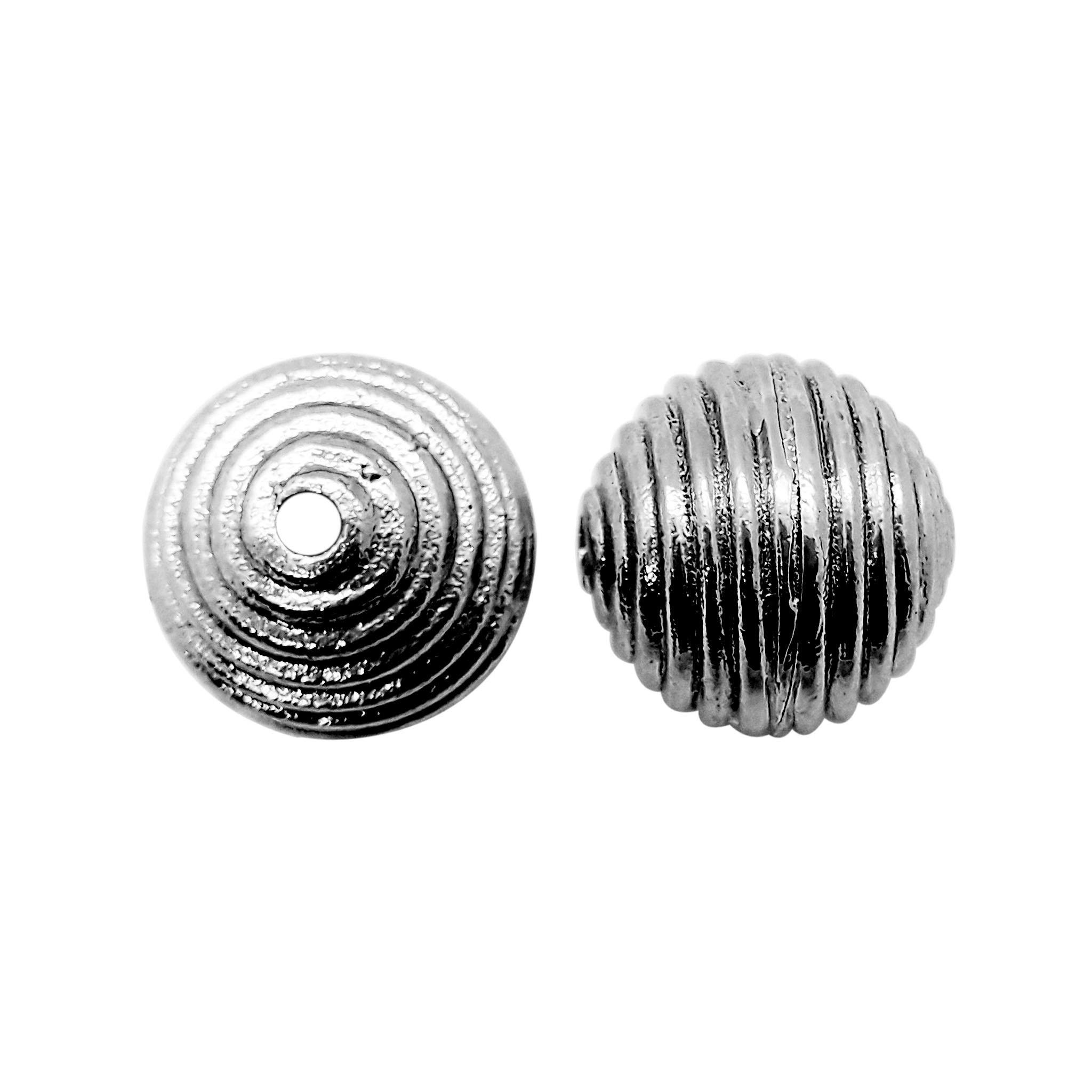 Handcrafted black rhodium overlay copper ribbed round charm from India with textured finish