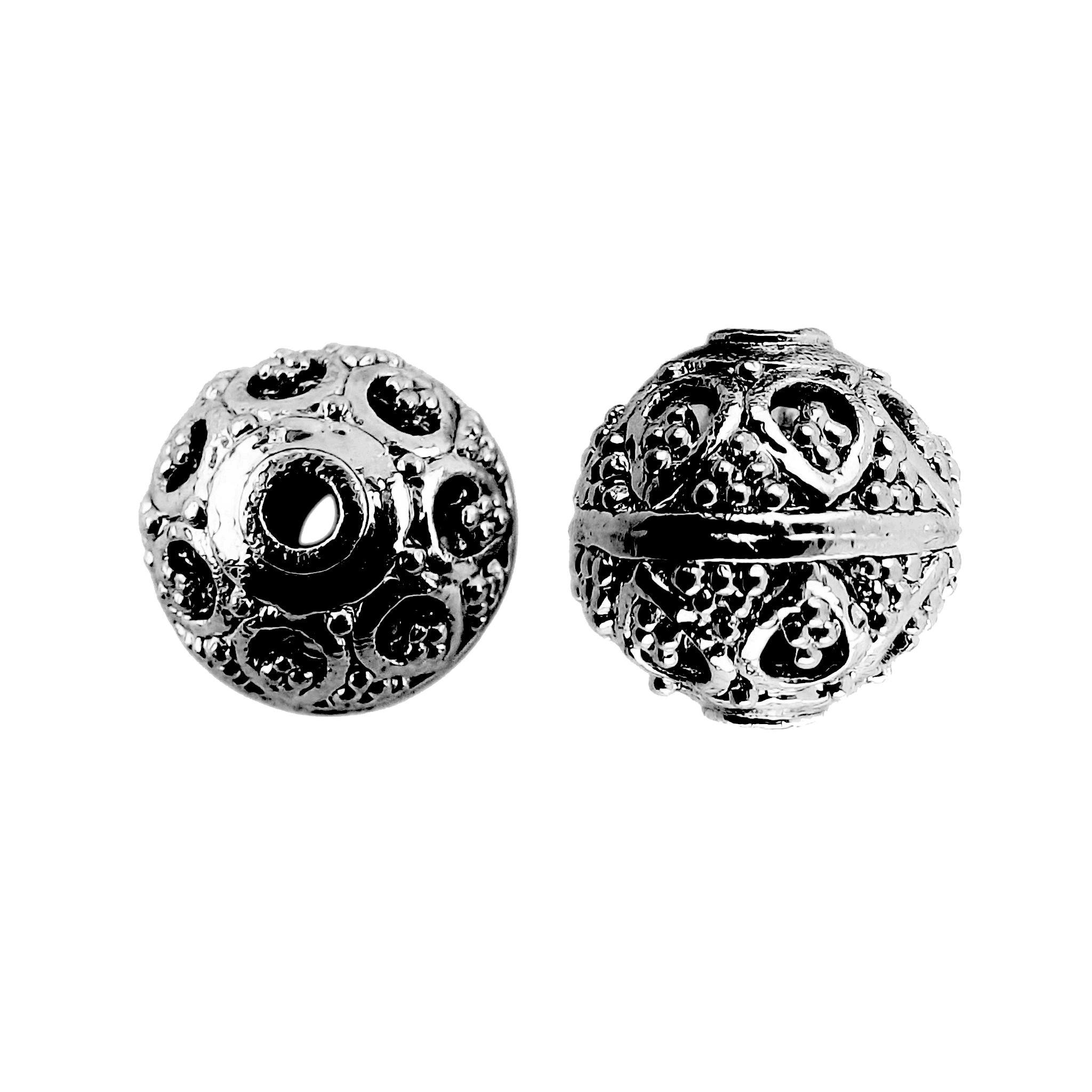 Handcrafted black rhodium overlay copper ornate dome round bead from India with floral textured design
