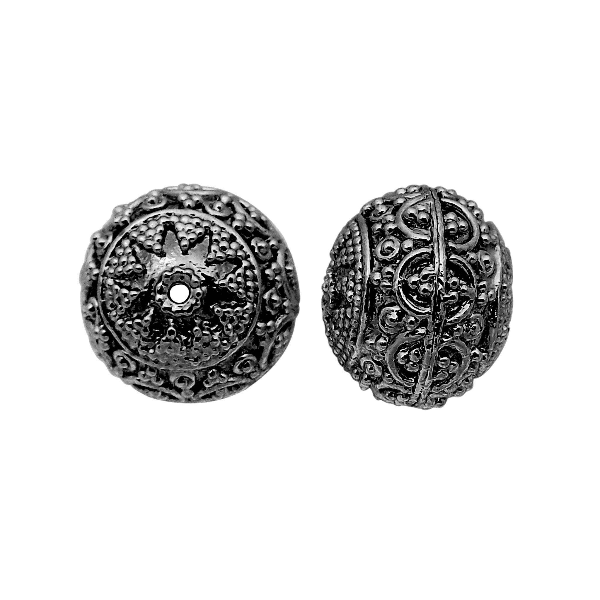 Handcrafted black rhodium overlay copper ornate scroll dome round bead from India with vintage floral texture