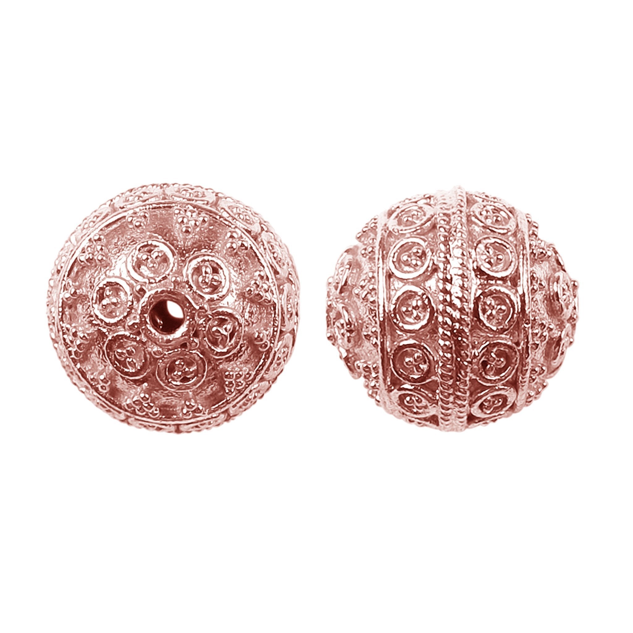 Rose gold overlay copper round filigree bead handcrafted in India for elegant jewelry designs
