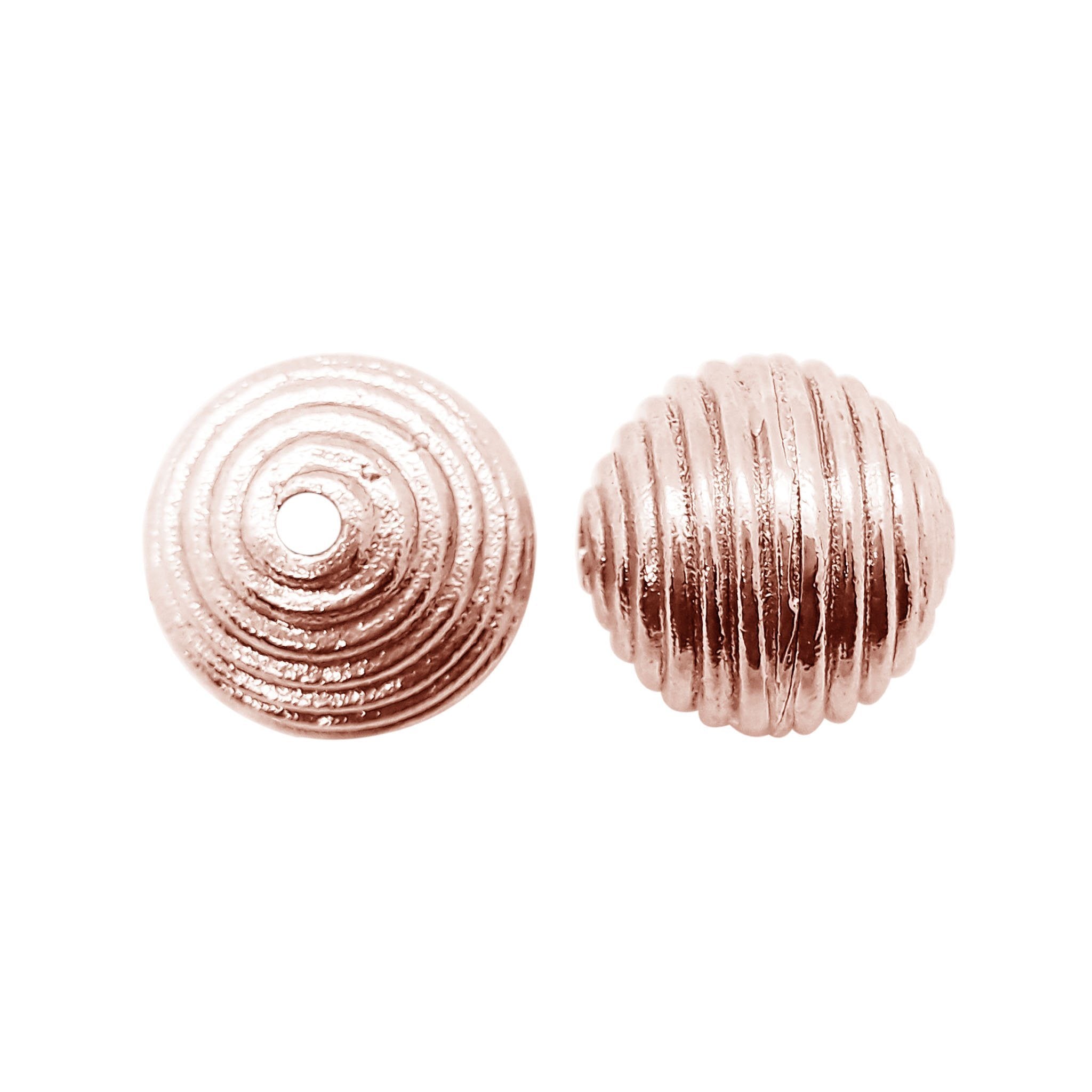 Handcrafted rose gold overlay copper ribbed round bead made in India with brushed finish