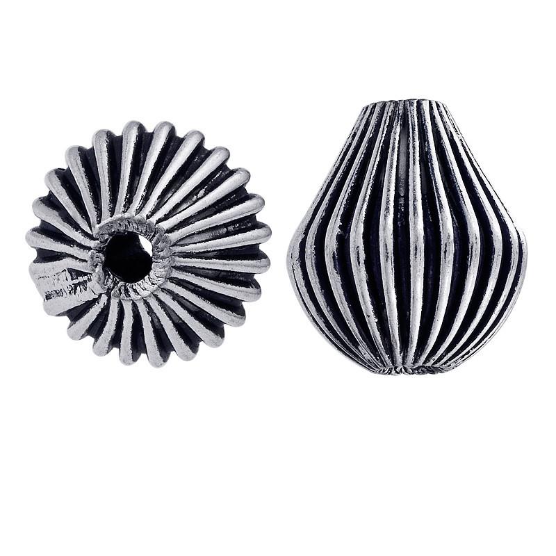Silver ribbed onion copper bead handcrafted in India with antique finish and rounded shape