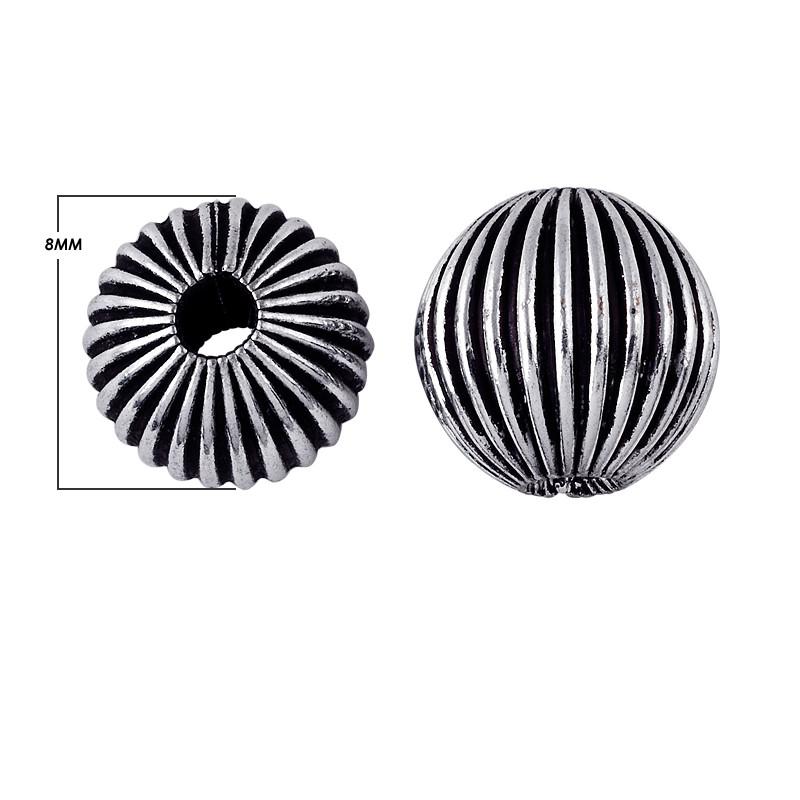 Silver ribbed sphere copper bead handcrafted in India with antique finish and deep textured grooves