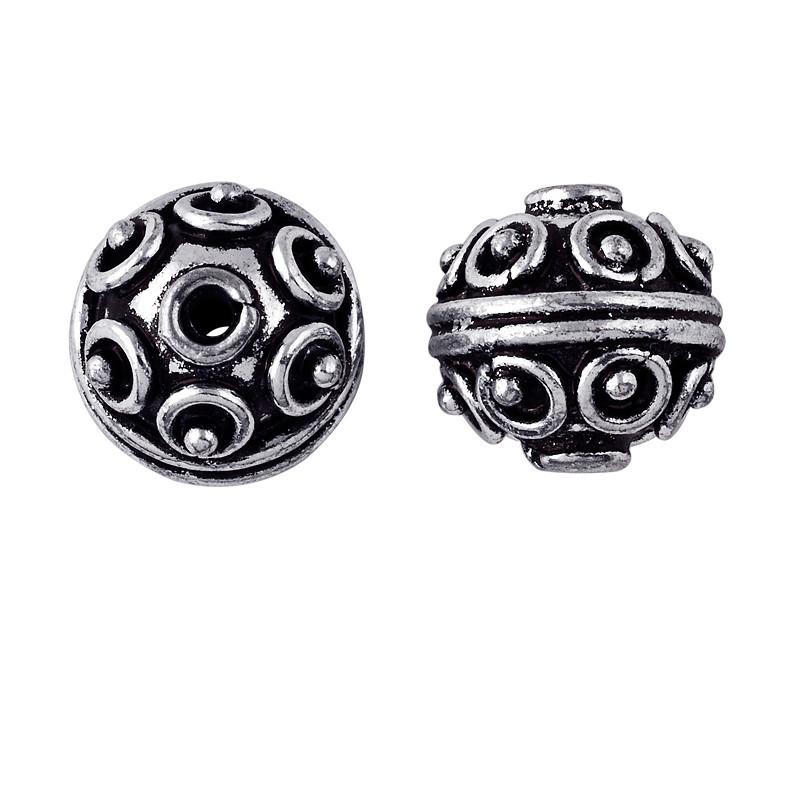 Handcrafted silver overlay round bead from India with oxidized finish and studded circular design for retail jewelry making