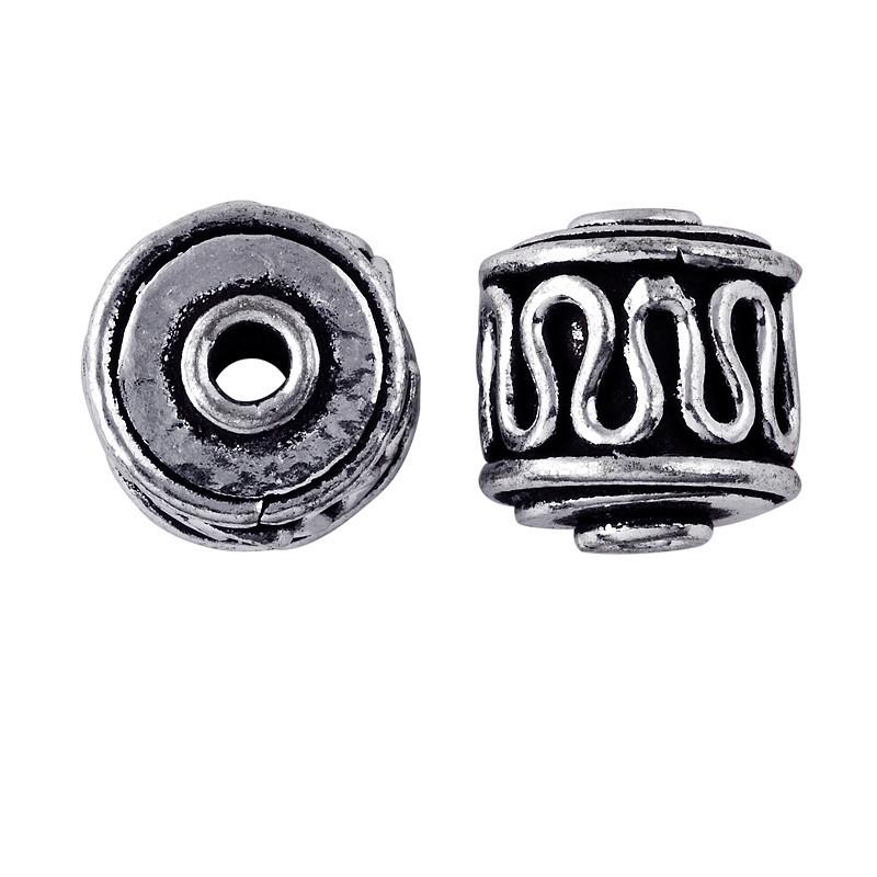 Handcrafted silver overlay barrel bead from India with oxidized finish and wave pattern design for retail jewelry making