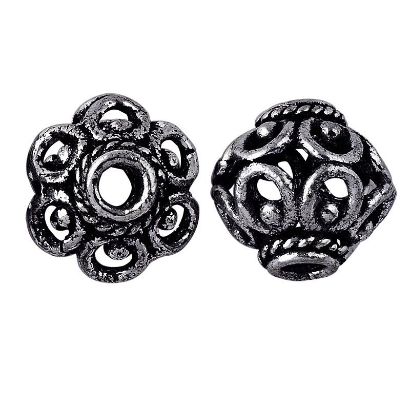 Silver overlay over copper handcrafted openwork floral bead from India with antique finish jewelry spacer