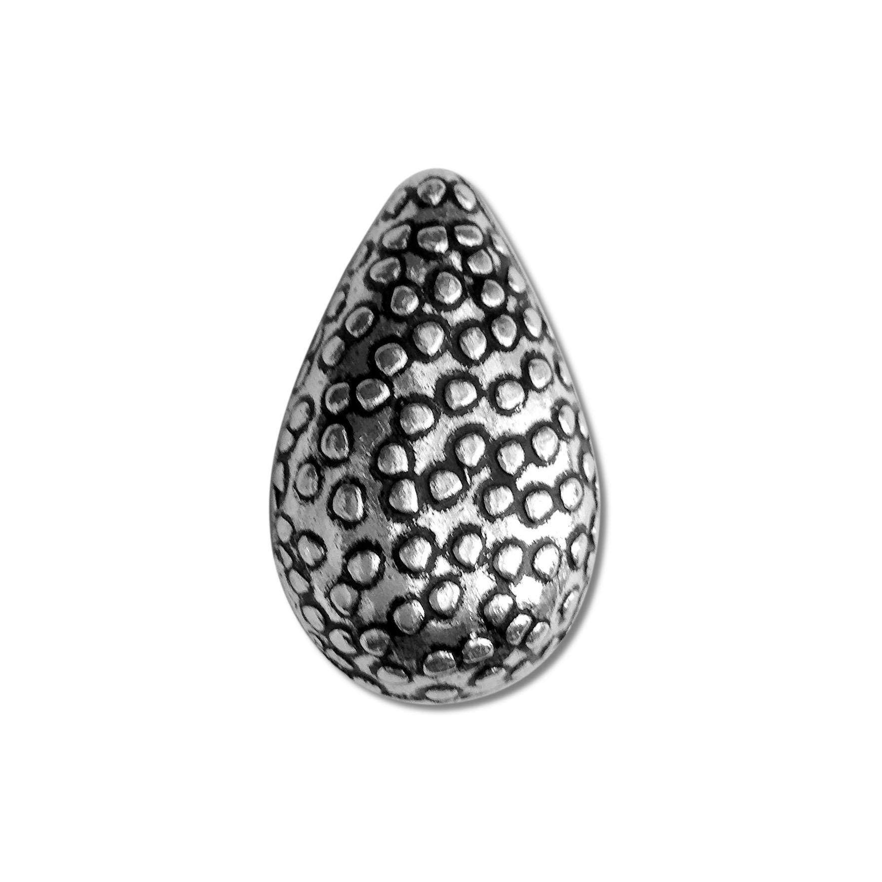 Silver India handcrafted teardrop charm with dotted texture and oxidized finish