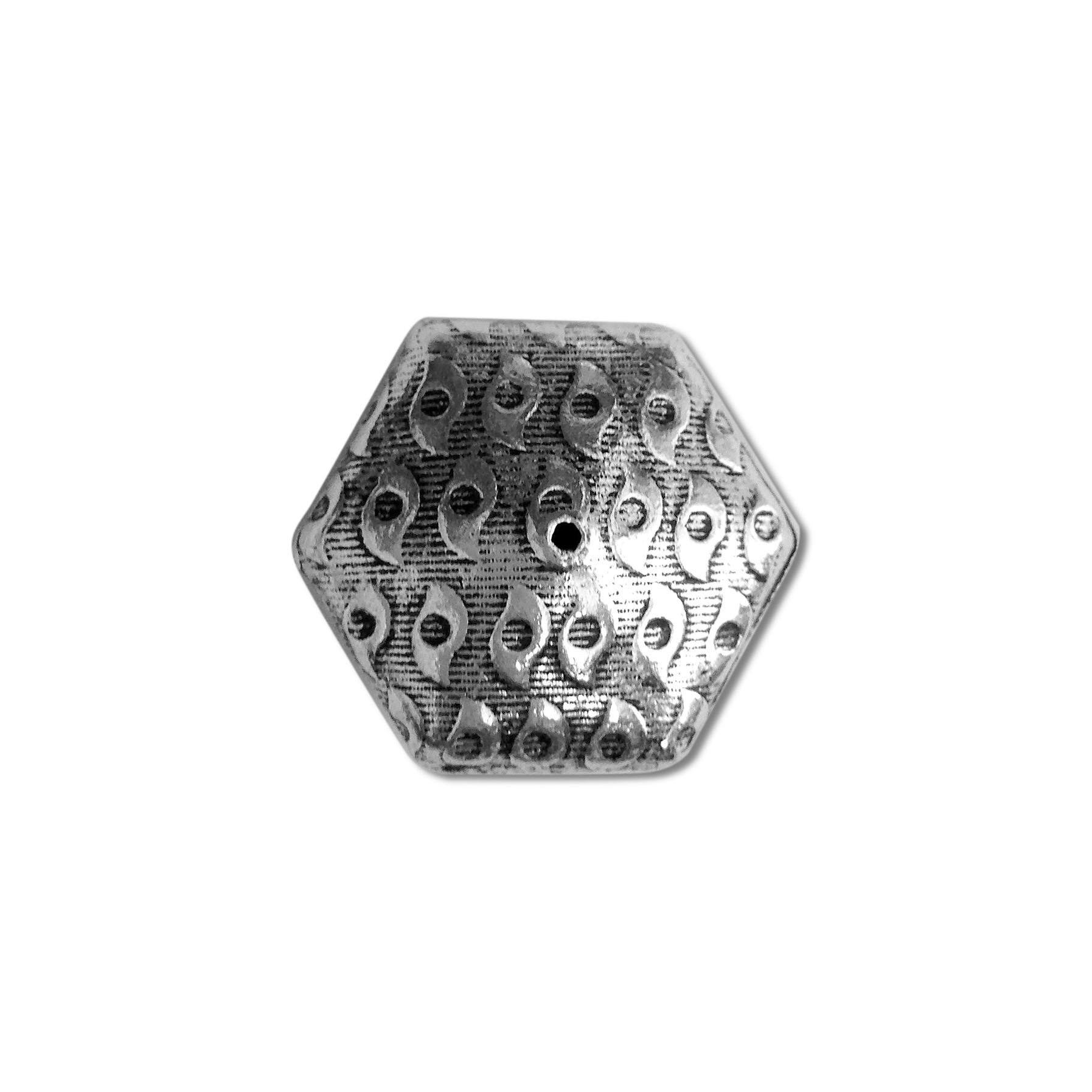 Silver hexagon bead cap from India with textured engraved design, handcrafted using silver overlay over copper.