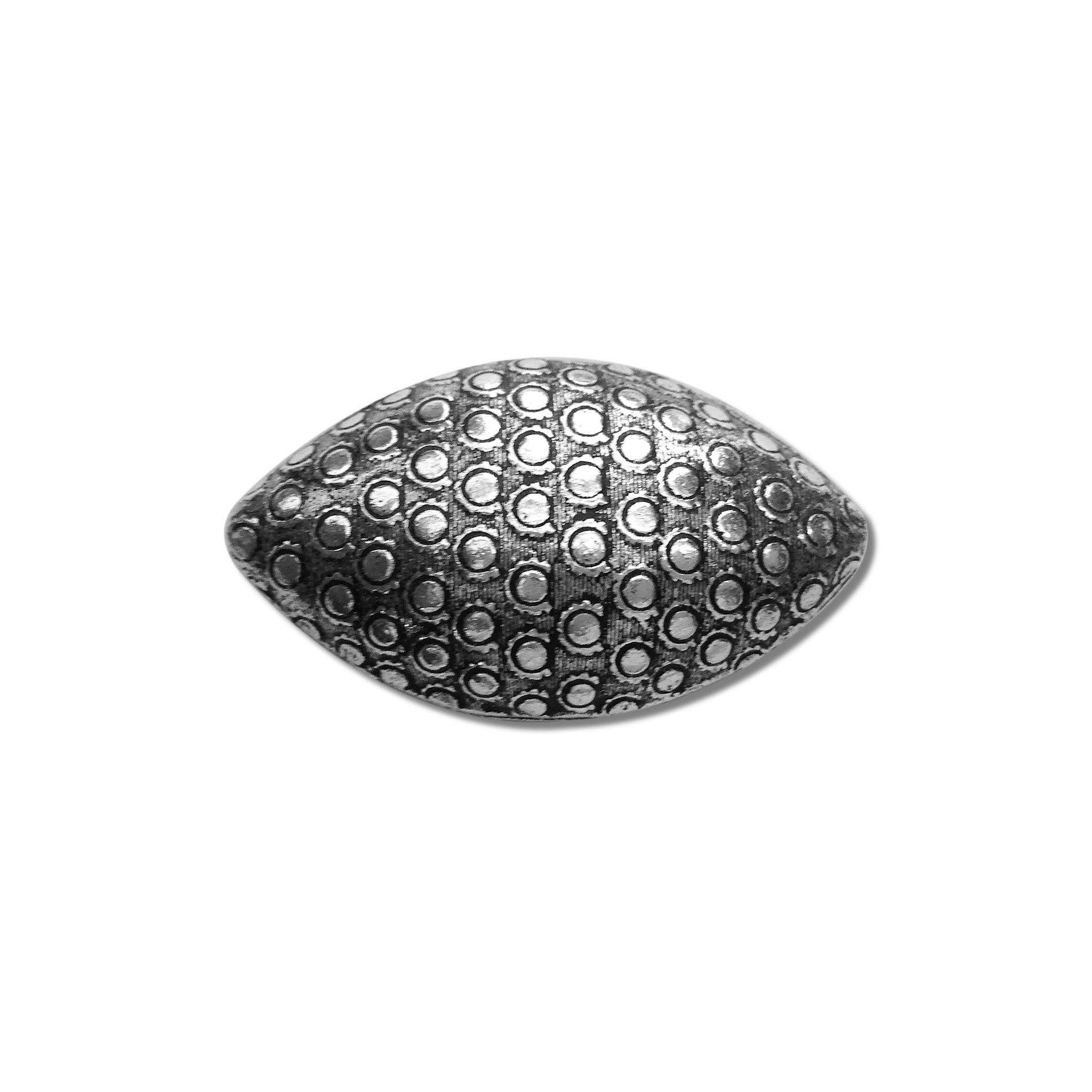 Silver oval bead cap from India with dotted textured design, handcrafted using silver overlay over copper.