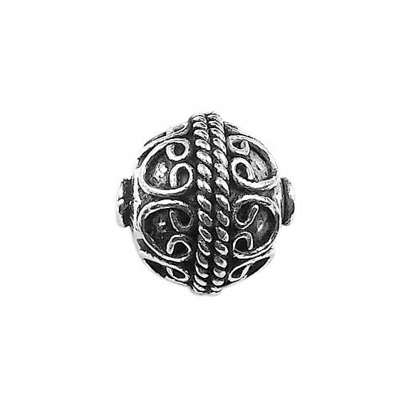 Ornate silver overlay over copper round bead handcrafted in India with scrollwork and rope design