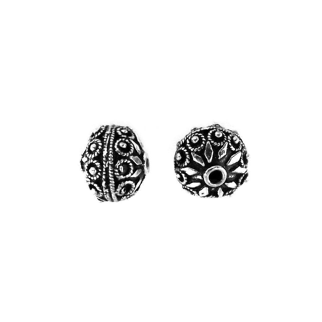 Floral silver overlay over copper round bead handcrafted in India with petal and dotted detailing