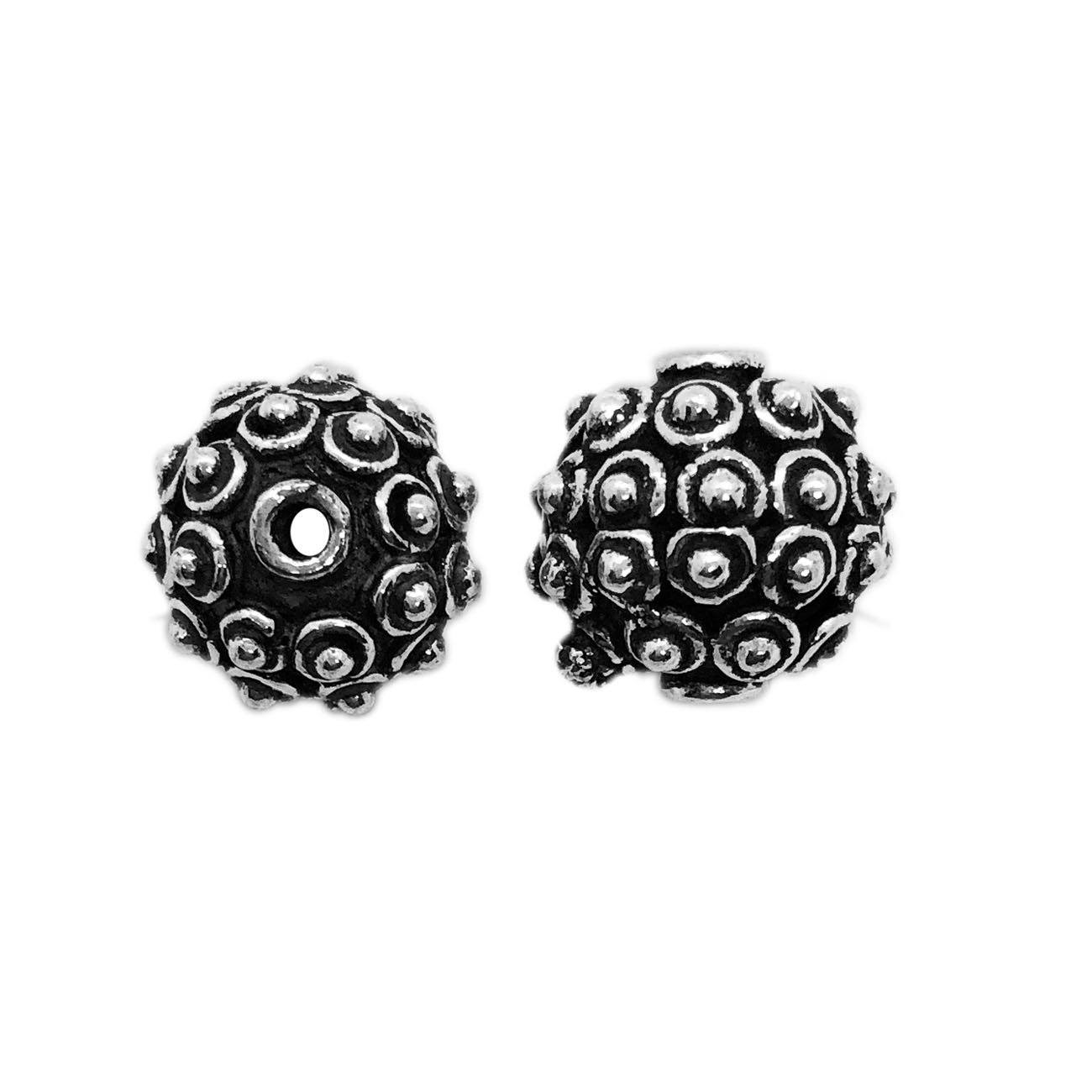 Handcrafted Silver Overlay Over Copper dome beads from India with raised circular dot pattern and antique silver finish for DIY jewelry.