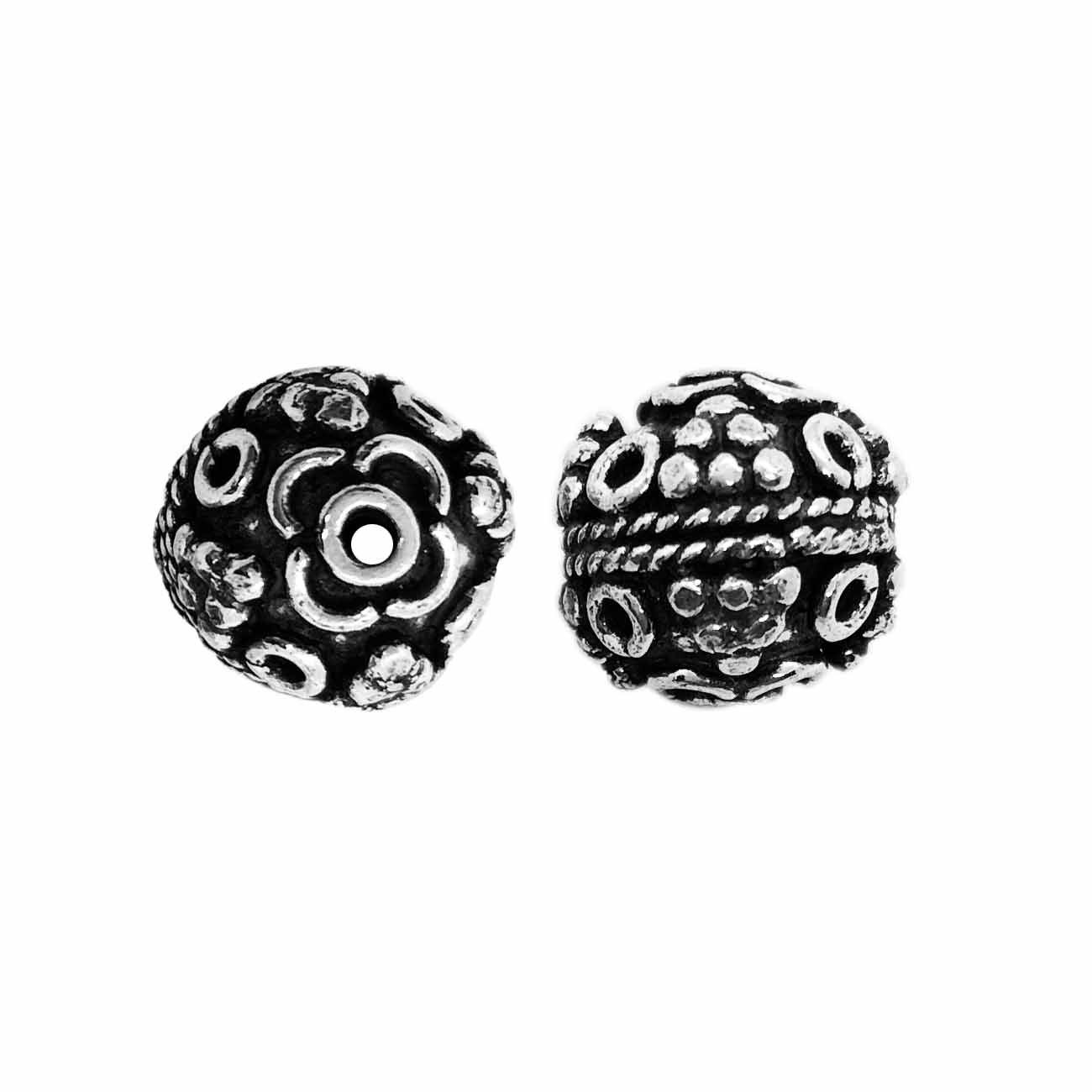 Handcrafted Silver Overlay Over Copper round floral beads from India with antique silver finish for DIY jewelry making.
