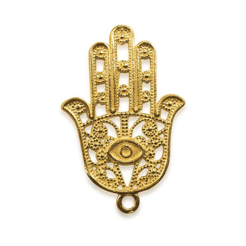 Hamsa hand pendant with evil eye design in 18K Gold Overlay Over Copper, handcrafted in India.