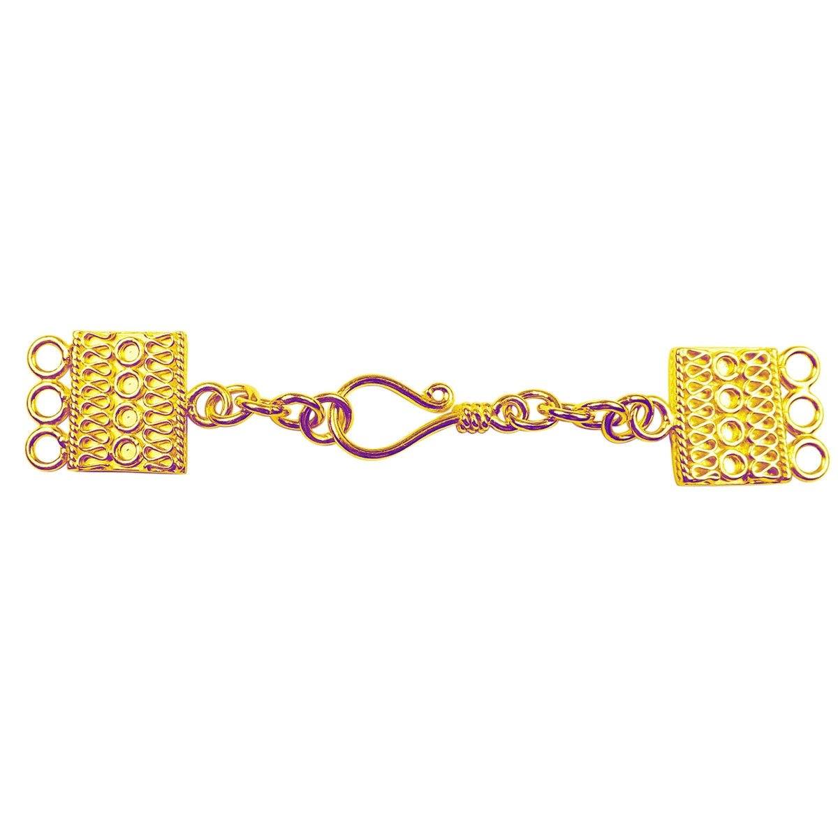 Engraved multi strand clasp with 3 holes and hook, 18K Gold Overlay Over Copper, handcrafted in India for necklaces and bracelets.