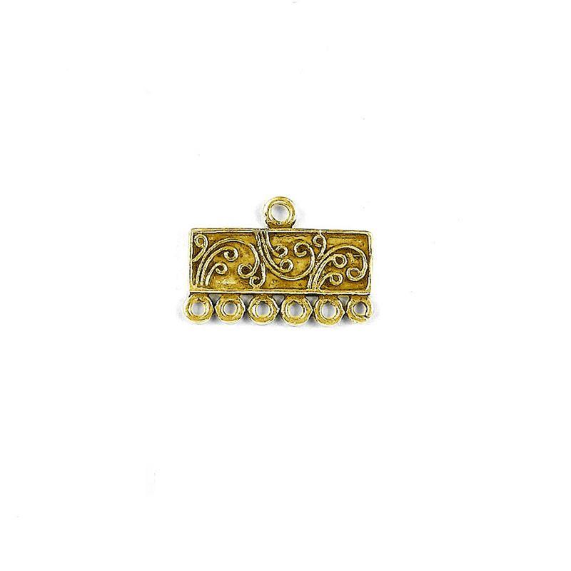 Engraved rectangular connector with 6 holes, 18K Gold Overlay Over Copper, handcrafted in India for elegant multi-strand jewelry designs.