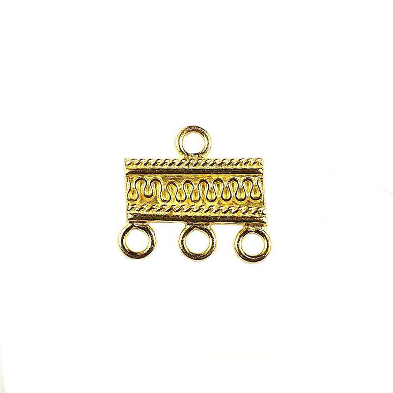 Engraved rectangular connector with 3 holes, 18K Gold Overlay Over Copper, handcrafted in India for elegant three-strand jewelry designs.