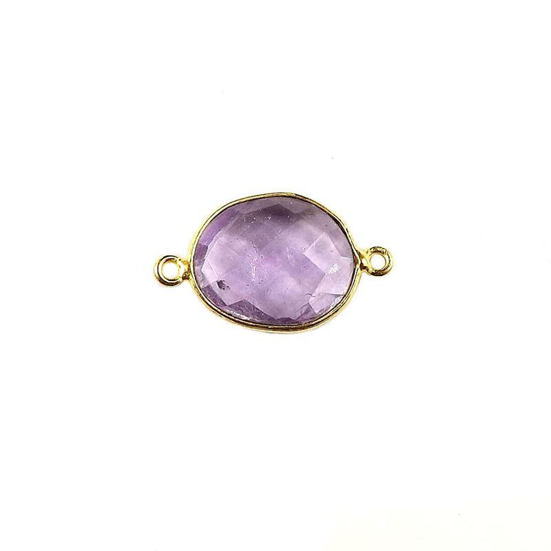 Oval faceted stone connector with side loops, 18K Gold Overlay Over Copper, handcrafted in India for elegant jewelry designs.