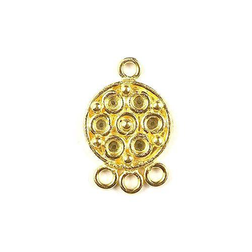 Round ornamental connector with circular detailing and 3 holes, 18K Gold Overlay Over Copper, handcrafted in India for elegant three-strand jewelry designs.