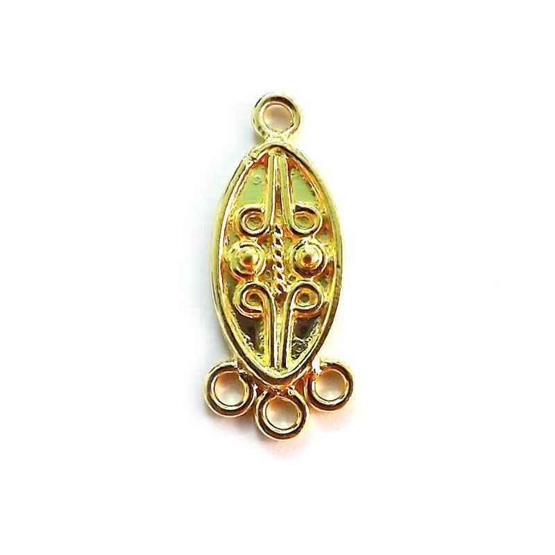 Handcrafted 18K Gold Overlay Over Copper decorative oval connector with 3 loops from India for DIY jewelry designs