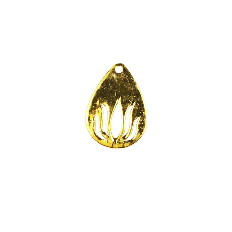 Elegant lotus teardrop charm with cutout design, 18K Gold Overlay Over Copper, handcrafted in India.
