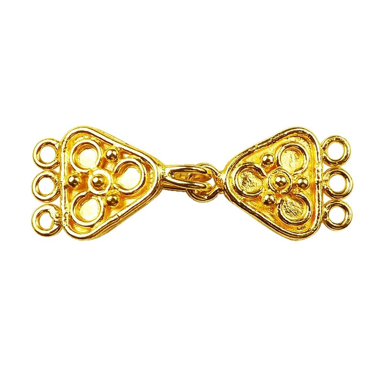 Handcrafted floral multi strand hook clasp with 3 holes in 18K Gold Overlay Over Copper from India for elegant jewelry designs.