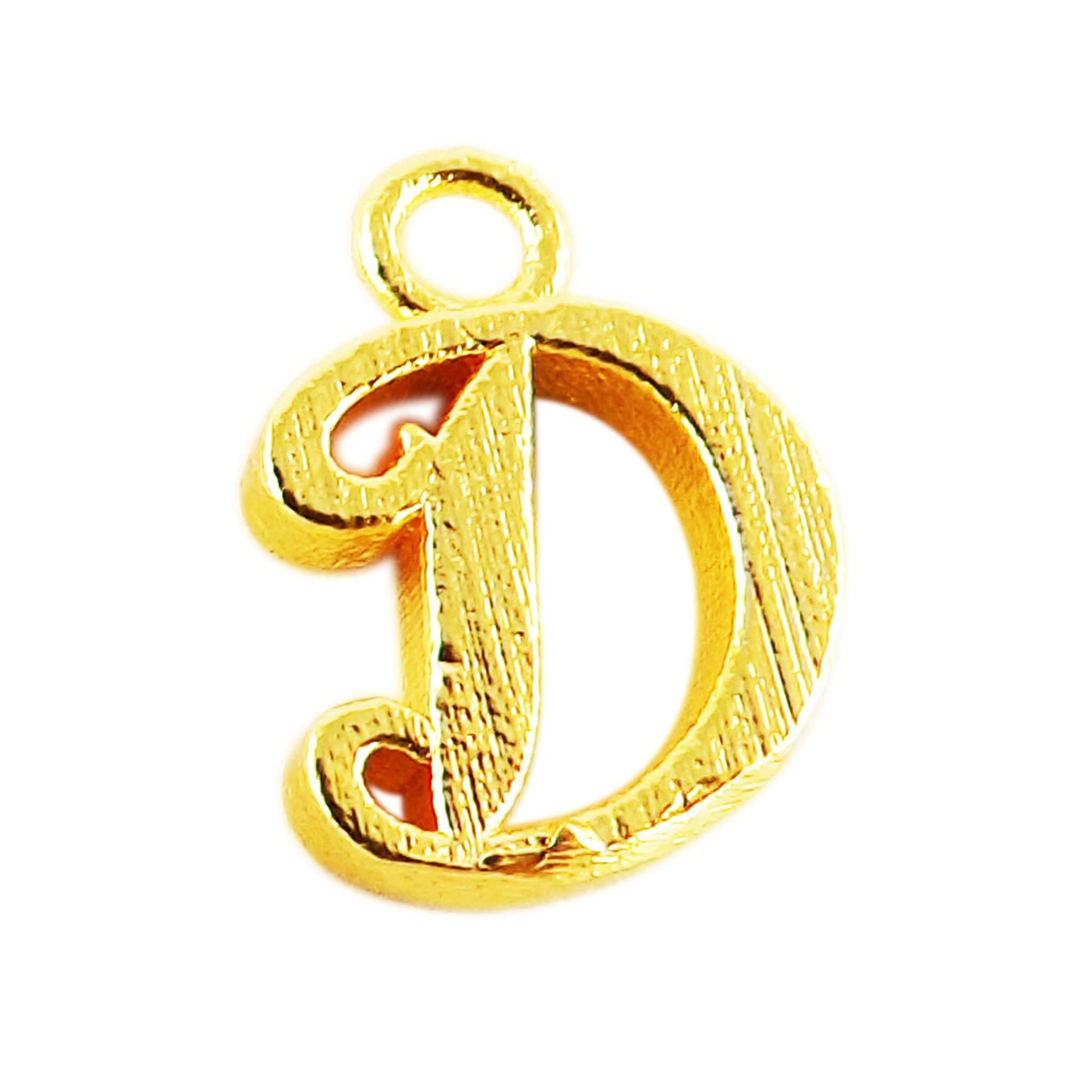 18K Gold Overlay Over Copper script letter D pendant with top loop, handcrafted in India personalized jewelry charm
