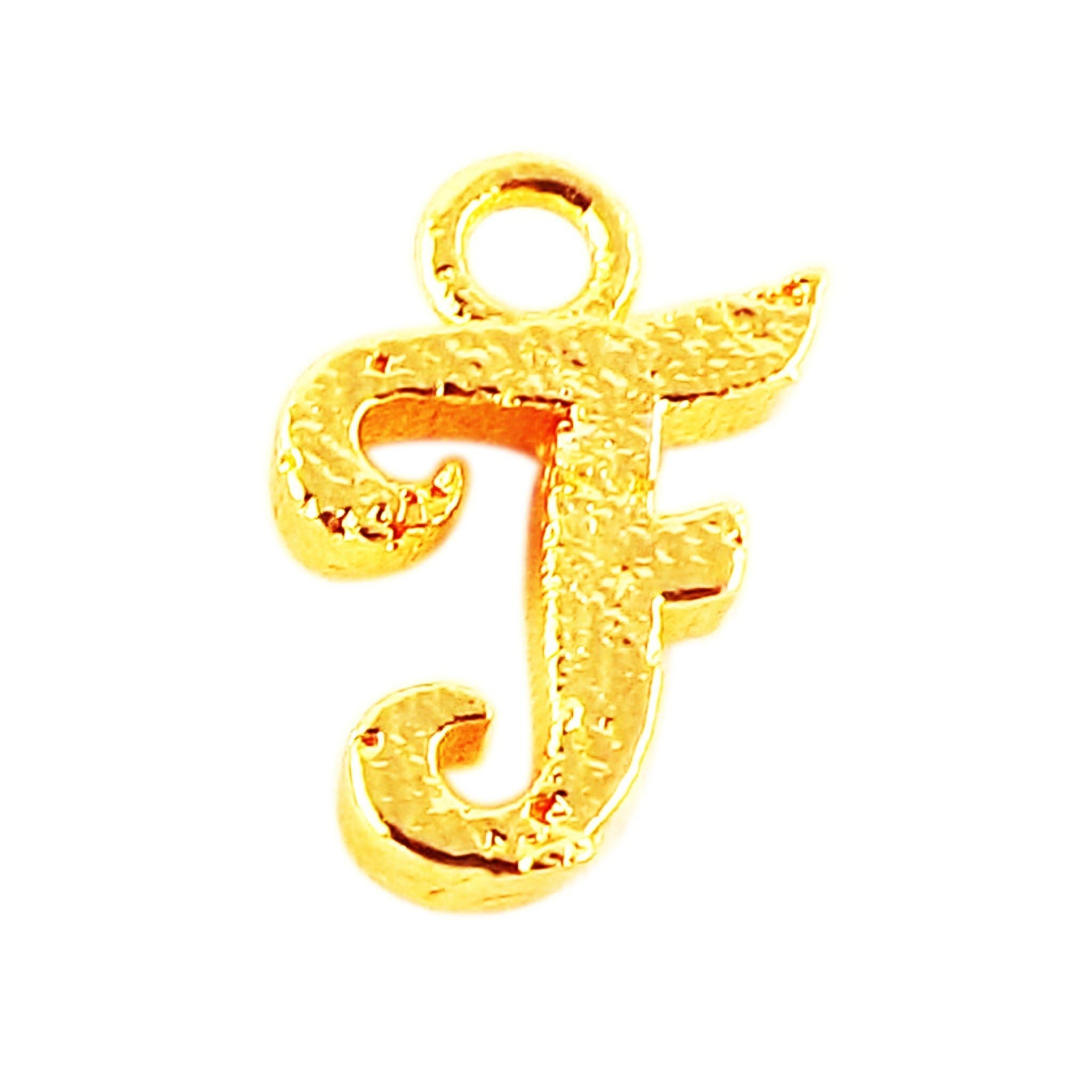 18K Gold Overlay Over Copper script letter F pendant with top loop, handcrafted in India personalized jewelry charm