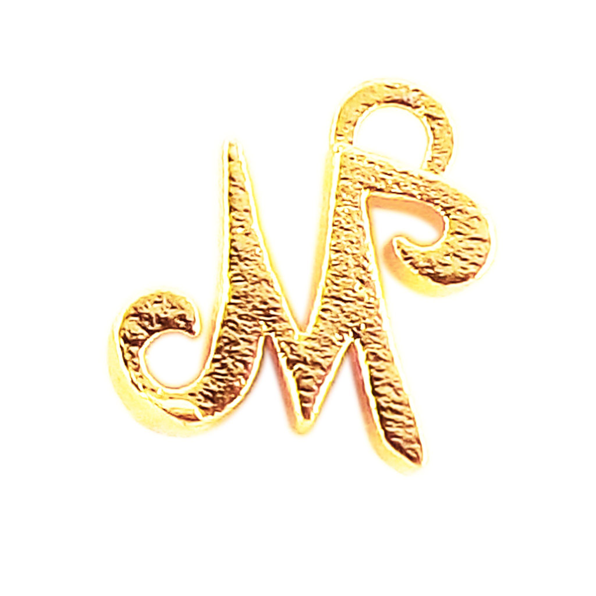 Alphabet M pendant handcrafted in India with elegant textured gold-tone finish for everyday wear.