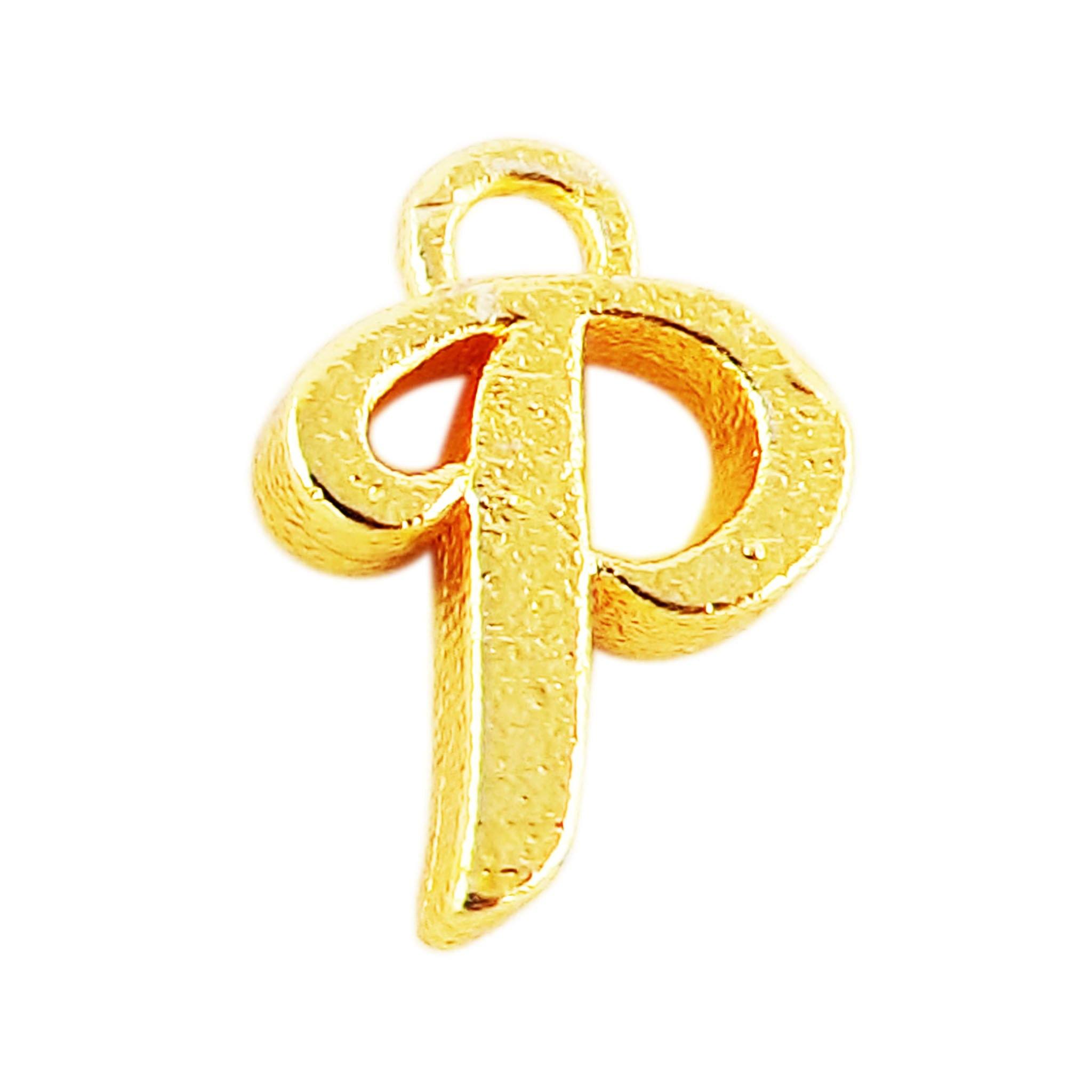 ‘P’ charm handcrafted in India featuring 18K Gold Overlay Over Copper with elegant textured finish.